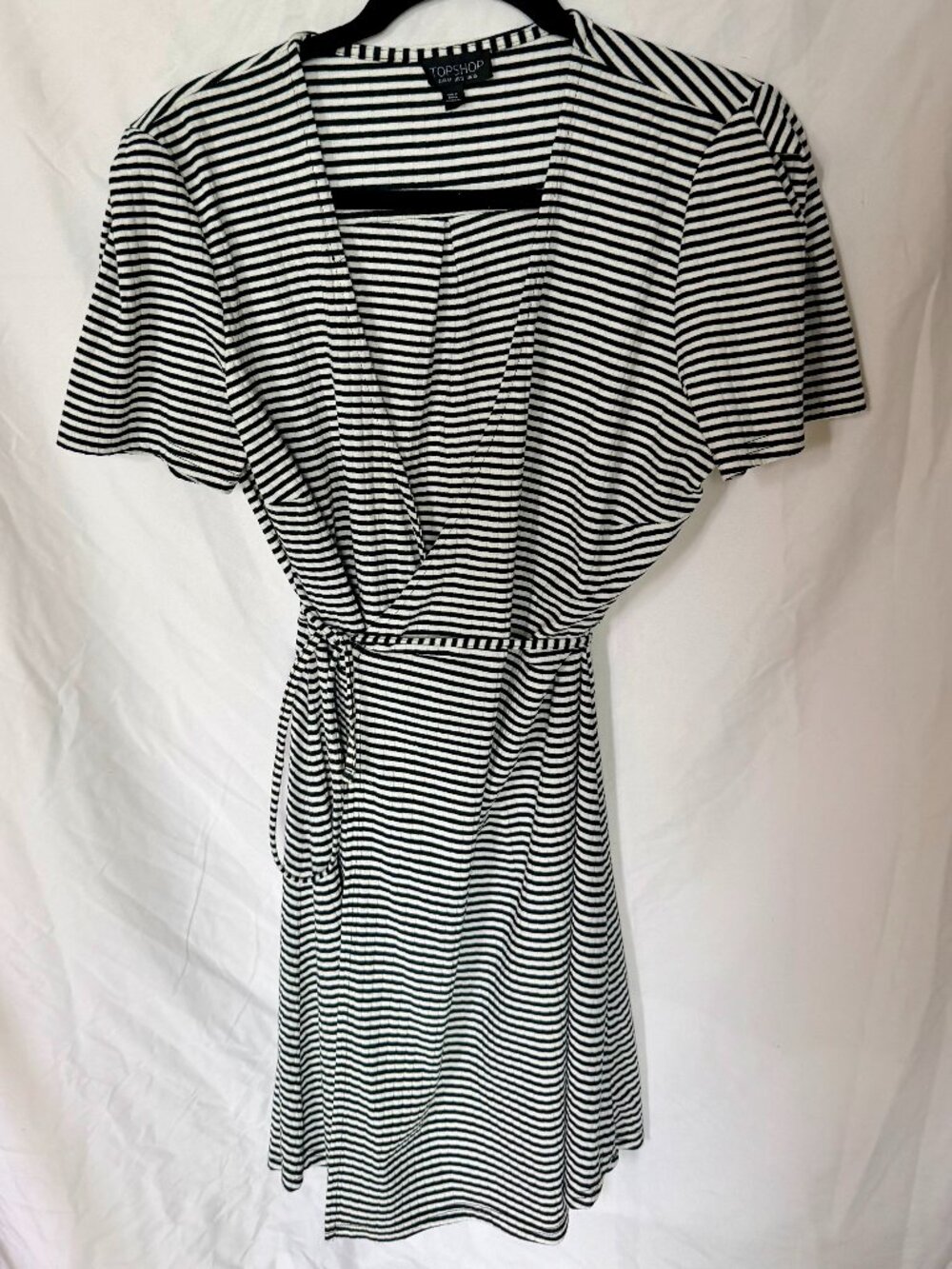 Topshop Black White Striped Wrap Dress Short Sleeve Size 12